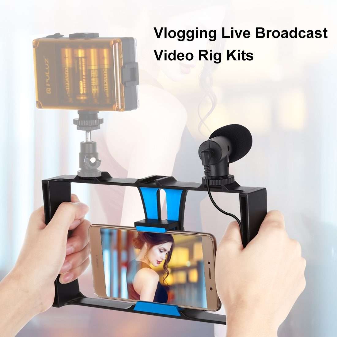PULUZ 2 in 1 Live Broadcast Smartphone Video Rig + Microphone Kits for iPhone, Galaxy ... (Blue)