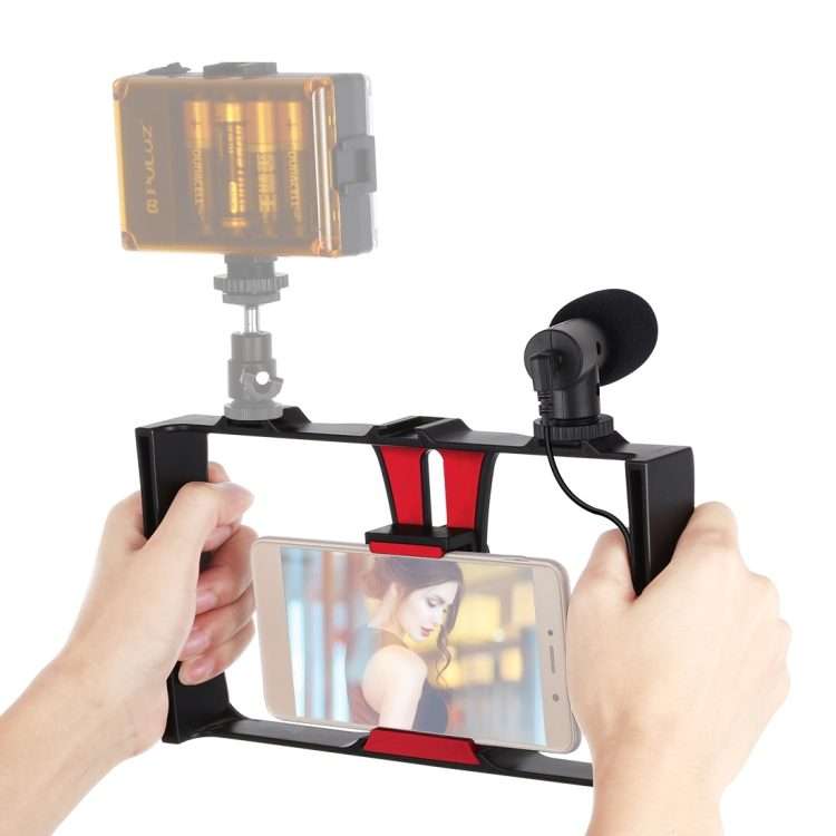 PULUZ 2 in 1 Live Broadcast Smartphone Video Rig + Microphone Kits for iPhone, Galaxy, H ... (Red)