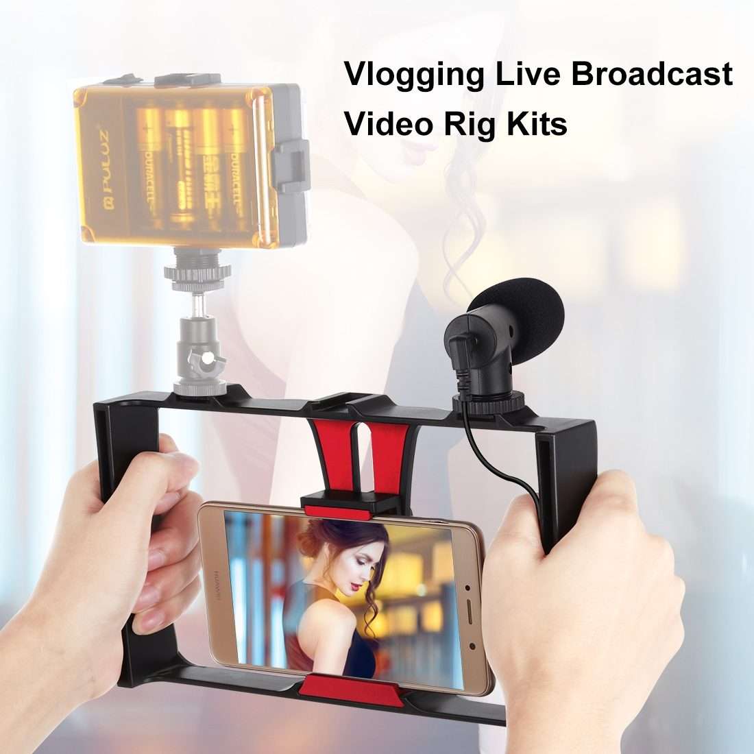 PULUZ 2 in 1 Live Broadcast Smartphone Video Rig + Microphone Kits for iPhone, Galaxy, H ... (Red)