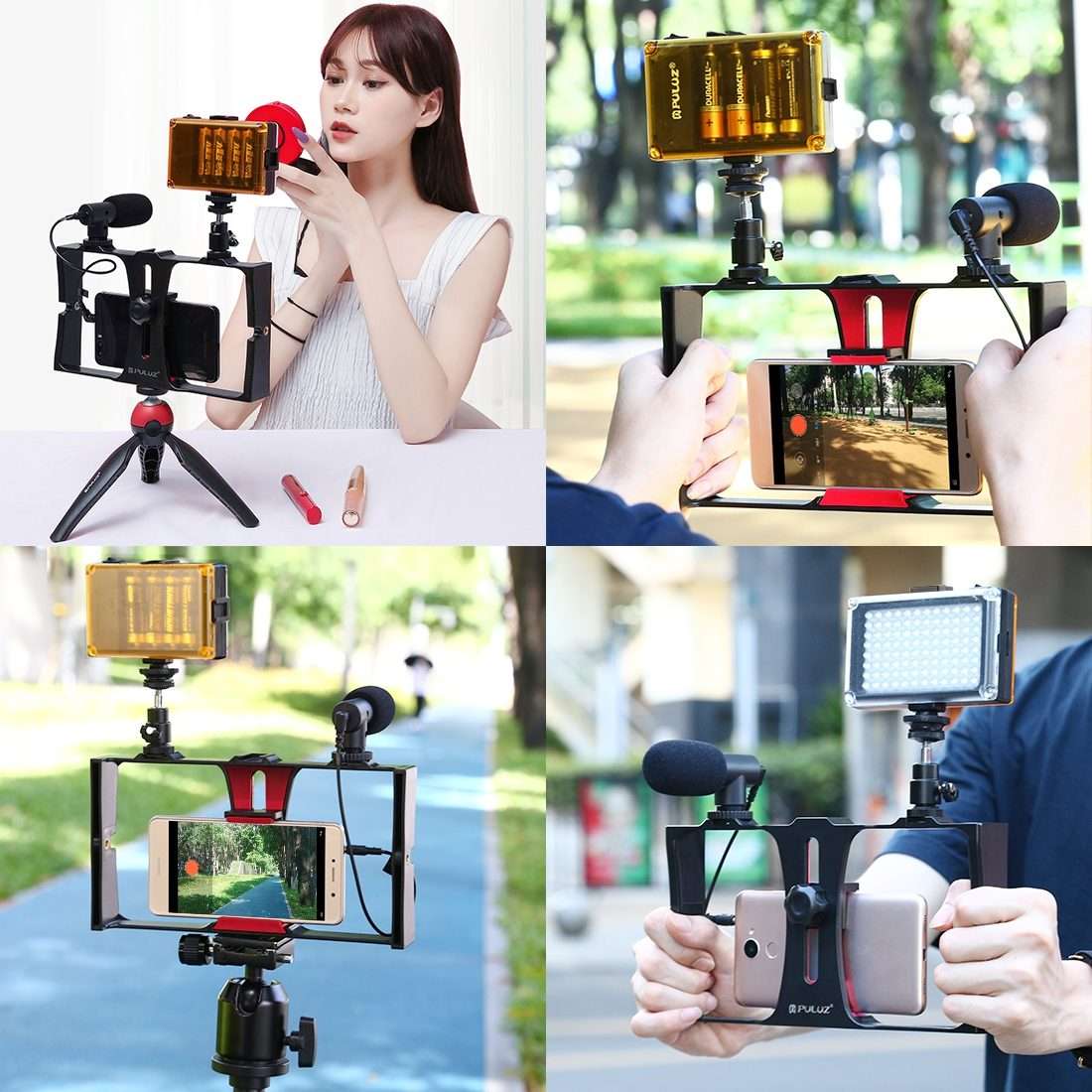 PULUZ 2 in 1 Live Broadcast Smartphone Video Rig + Microphone Kits for iPhone, Galaxy, H ... (Red)