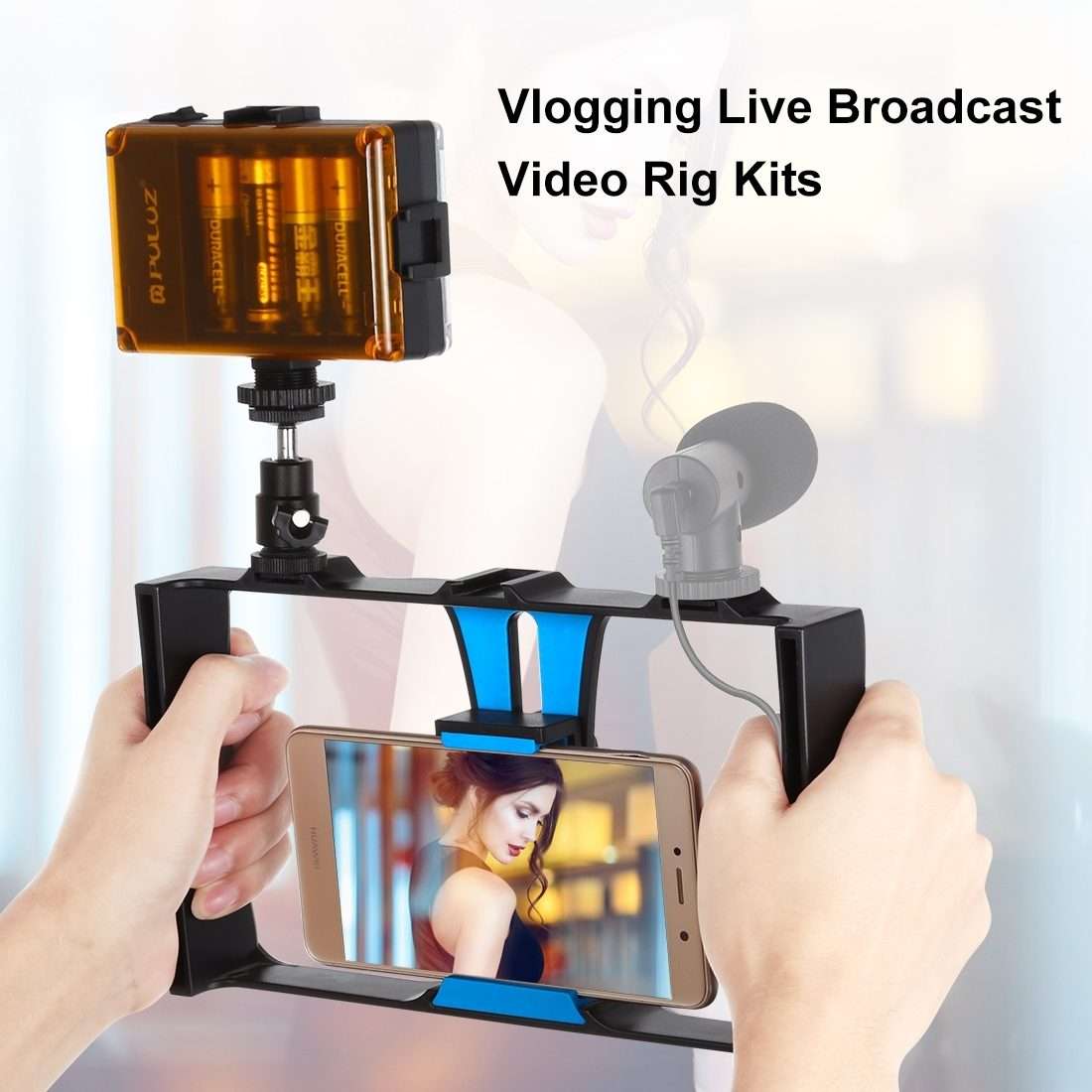 PULUZ 2 in 1 Vlogging Live Broadcast LED Selfie Light Smartphone Video Rig Kits with Co ... (Blue)