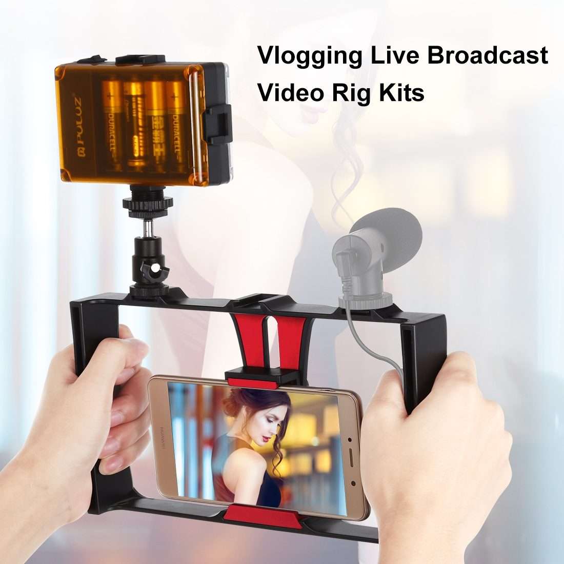PULUZ 2 in 1 Vlogging Live Broadcast LED Selfie Light Smartphone Video Rig Kits with Col ... (Red)