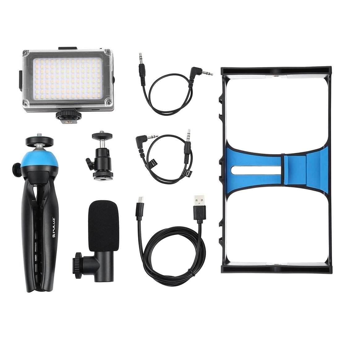 PULUZ 4 in 1 Vlogging Live Broadcast LED Selfie Light Smartphone Video Rig Kits with Mi ... (Blue)