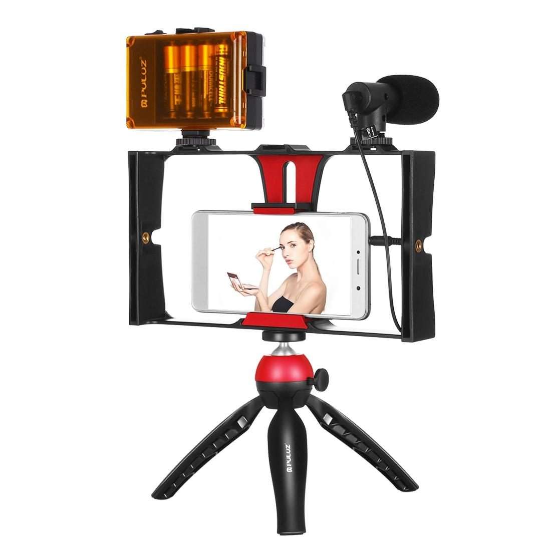PULUZ 4 in 1 Vlogging Live Broadcast LED Selfie Light Smartphone Video Rig Kits with Mic ... (Red)