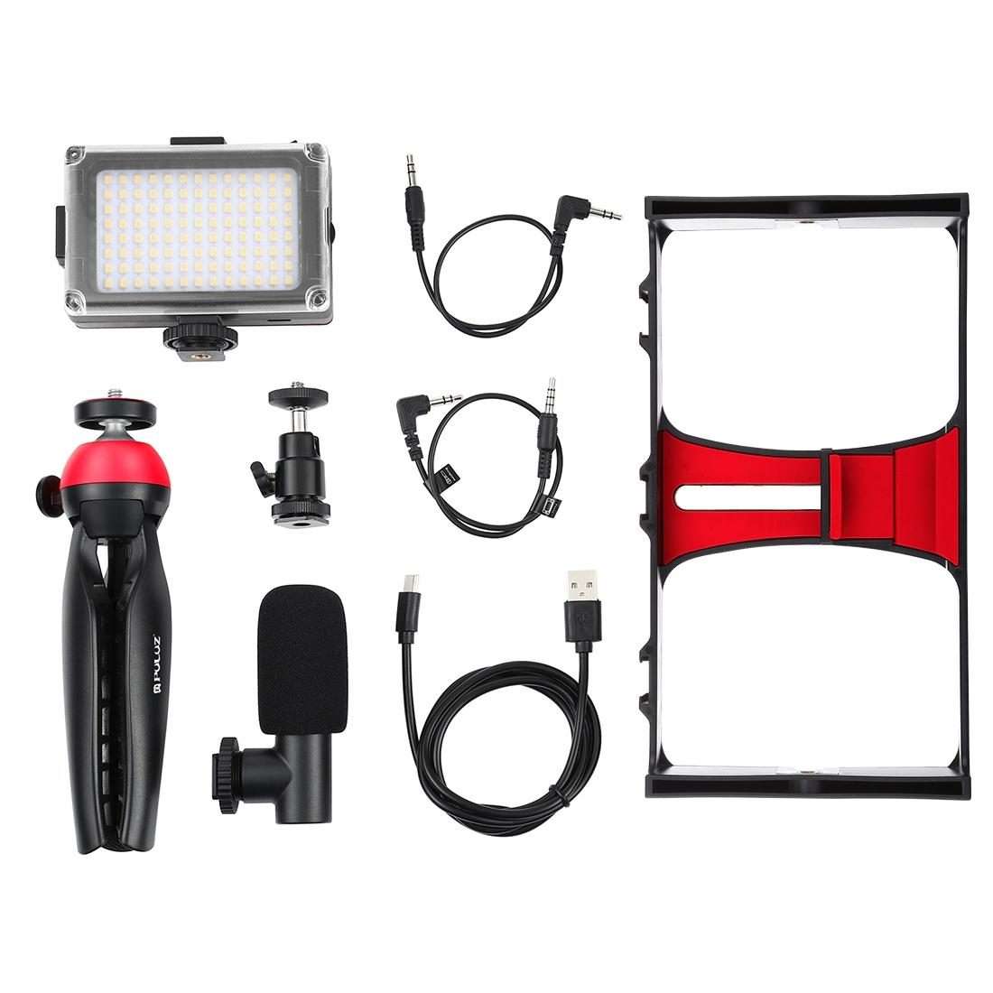 PULUZ 4 in 1 Vlogging Live Broadcast LED Selfie Light Smartphone Video Rig Kits with Mic ... (Red)
