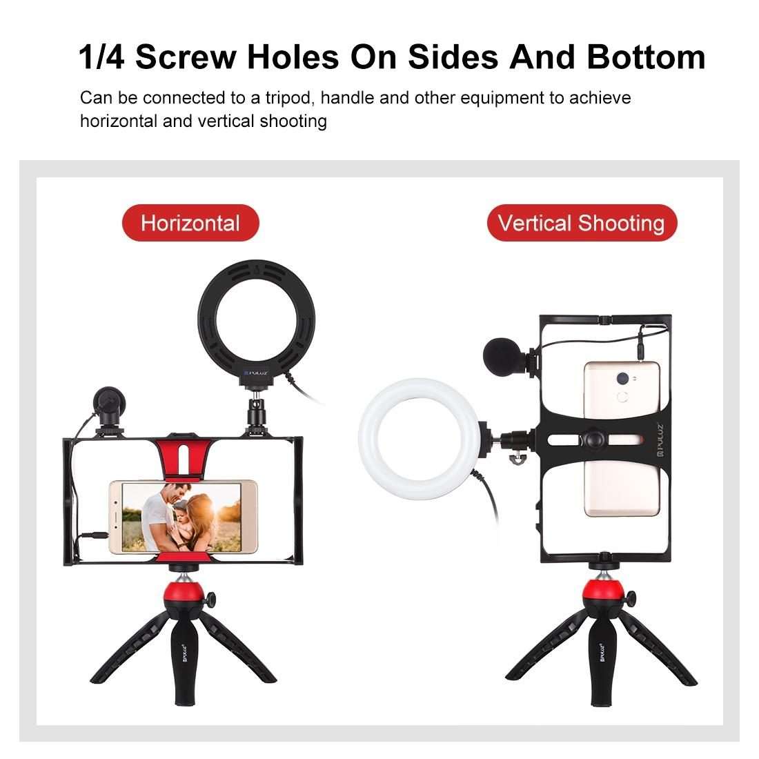 PULUZ 4 in 1 Vlogging Live Broadcast Smartphone Video Rig + 4.7 inch 12cm Ring LED Selfi ... (Red)