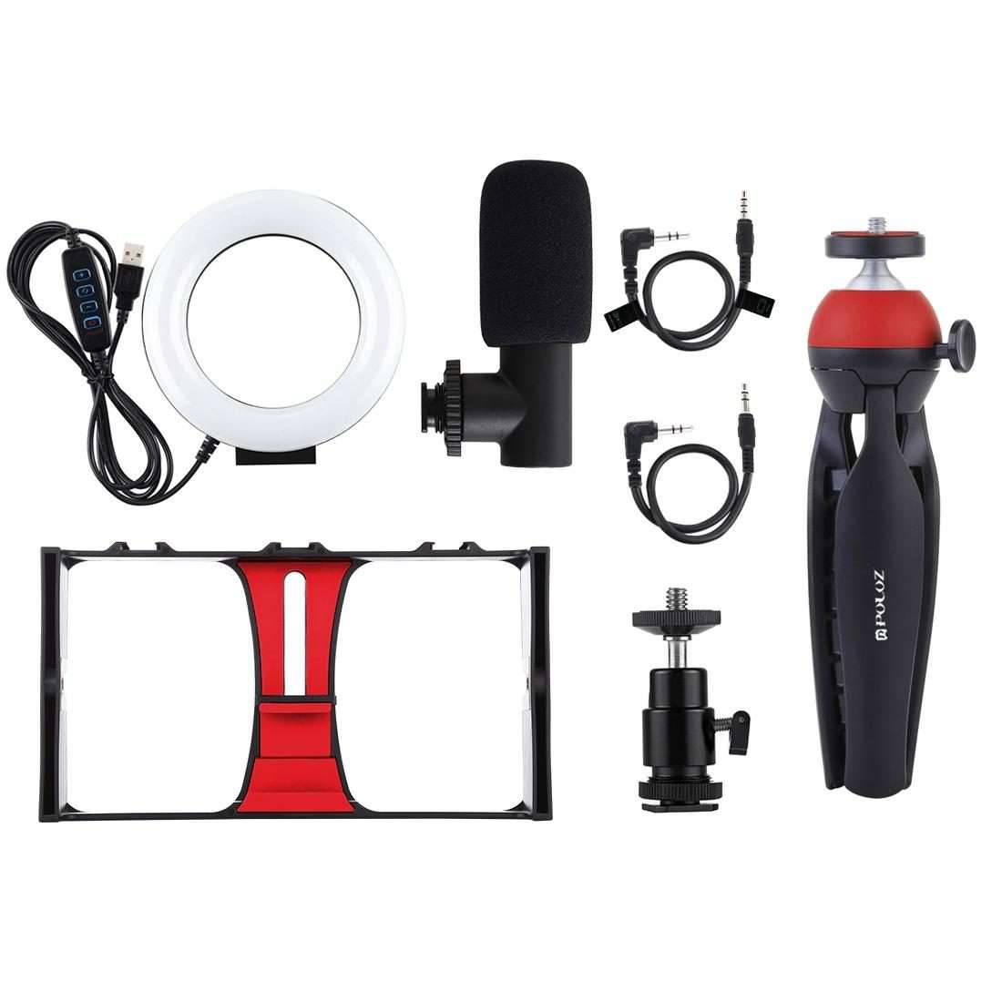 PULUZ 4 in 1 Vlogging Live Broadcast Smartphone Video Rig + 4.7 inch 12cm Ring LED Selfi ... (Red)