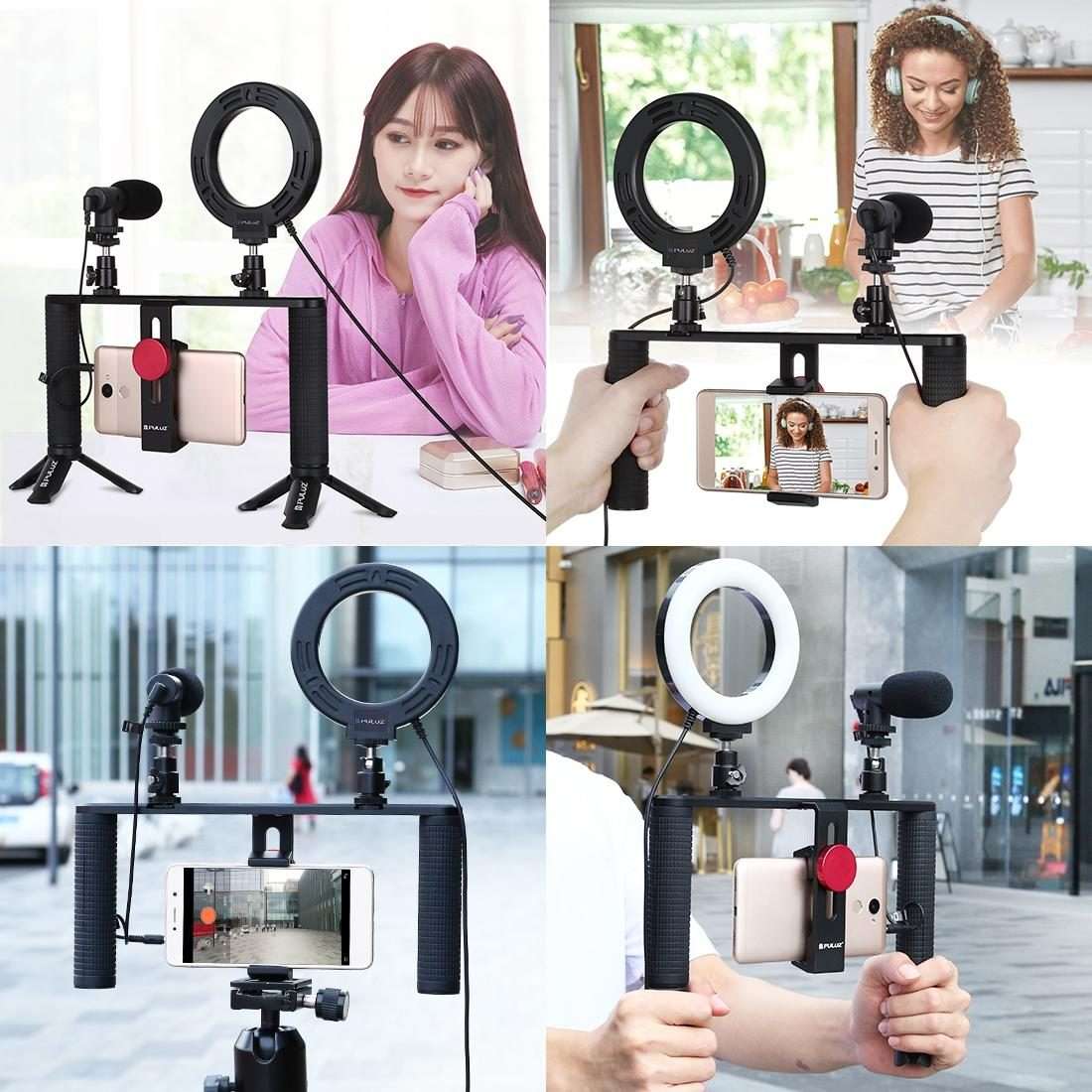 PULUZ 4 in 1 Vlogging Live Broadcast 4.7 inch 12cm Ring LED Selfie Light Smartphone Video Rig Hand