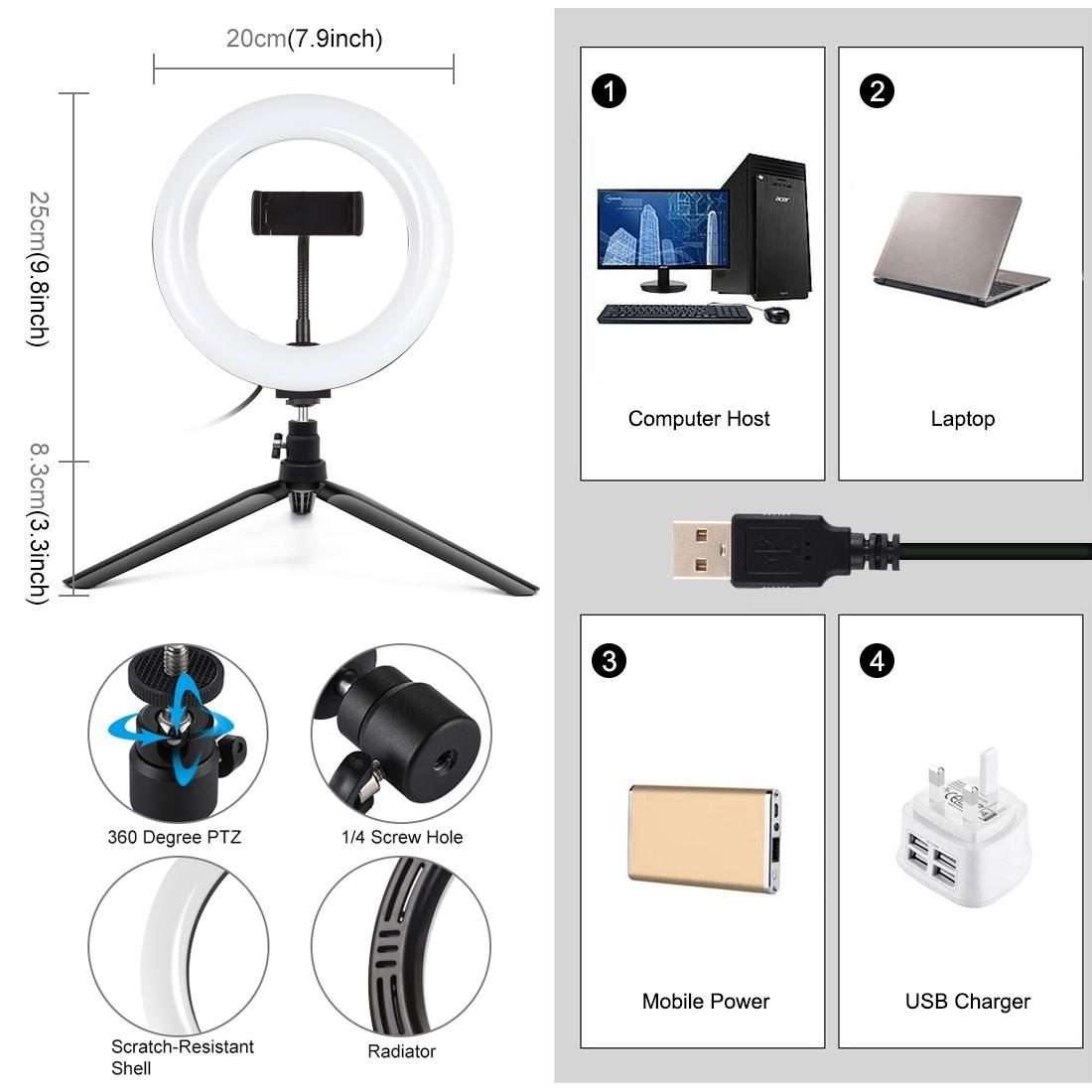 PULUZ 7.9 inch 20cm Light + Desktop Tripod Mount USB 3 Modes Dimmable Dual Color Tempe ... (Black)