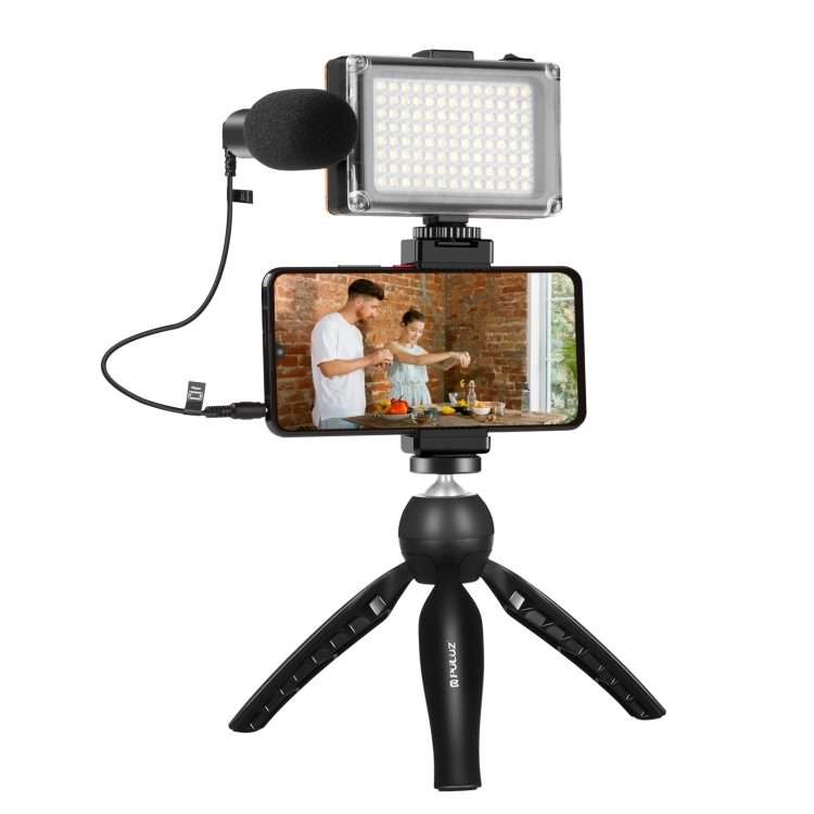 PULUZ Live Broadcast Smartphone Video Light Vlogger Kits with Microphone + LED Light + ... (Black)