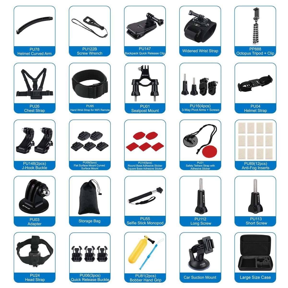 PULUZ 50 in 1 Accessories Total Ultimate Combo Kits with EVA Case (Chest Strap + Suction Cup Mount