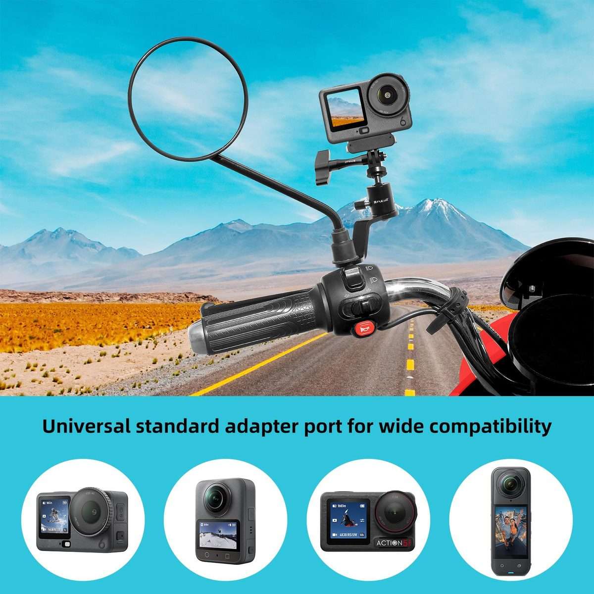 PULUZ Motorcycle Rearview Mirror Aluminum Alloy Action Camera Holder Mount (Black)