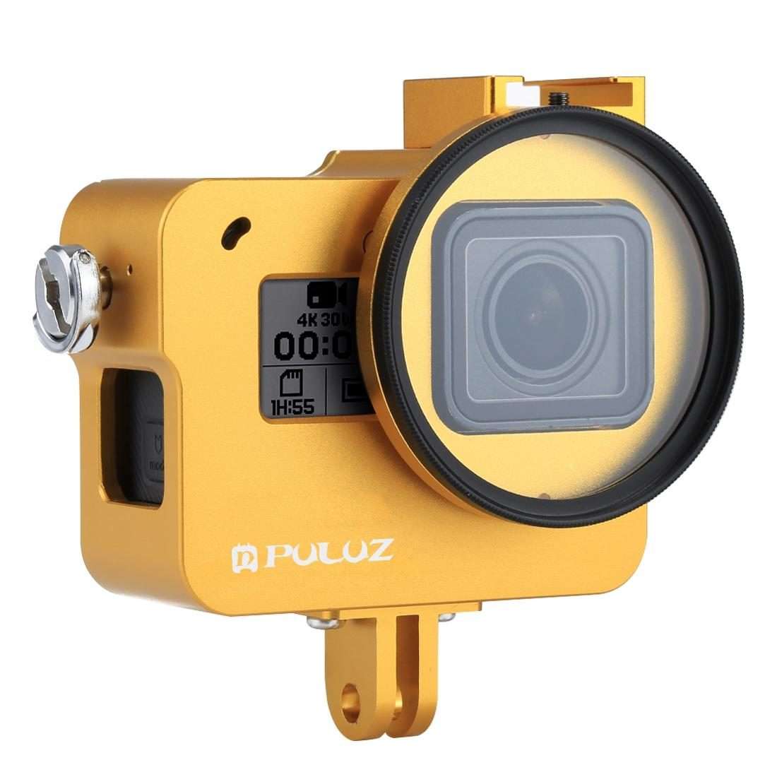 PULUZ Housing Shell CNC Aluminum Alloy Protective Cage with Insurance Frame & 52mm UV L ... (Gold)