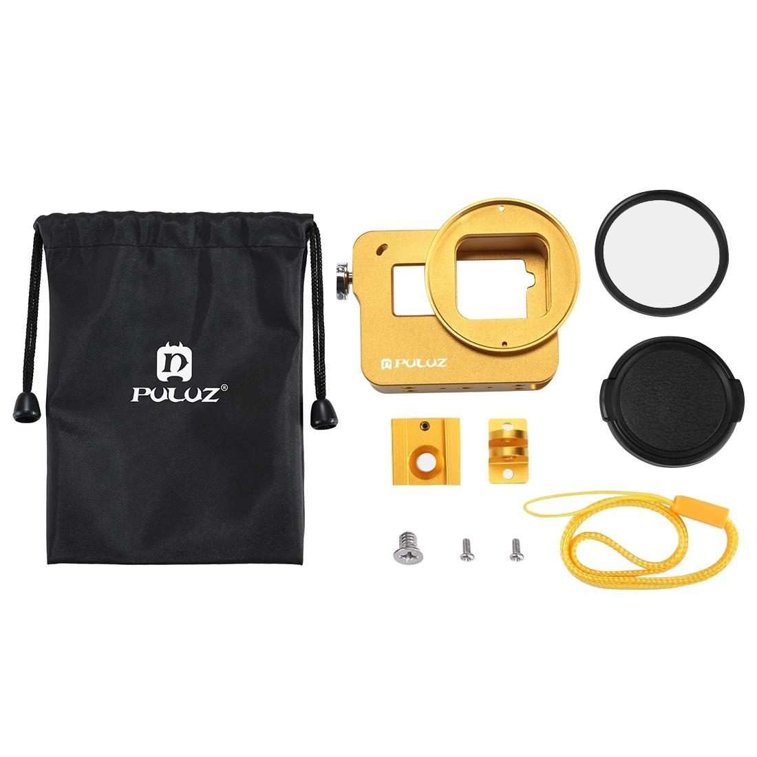 PULUZ Housing Shell CNC Aluminum Alloy Protective Cage with Insurance Frame & 52mm UV L ... (Gold)