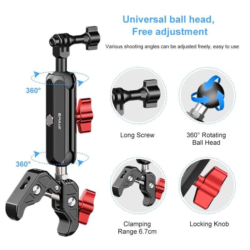 PULUZ Motorcycle Handlebar Crab Clamp CNC Metal Magic Arm Rod Mount