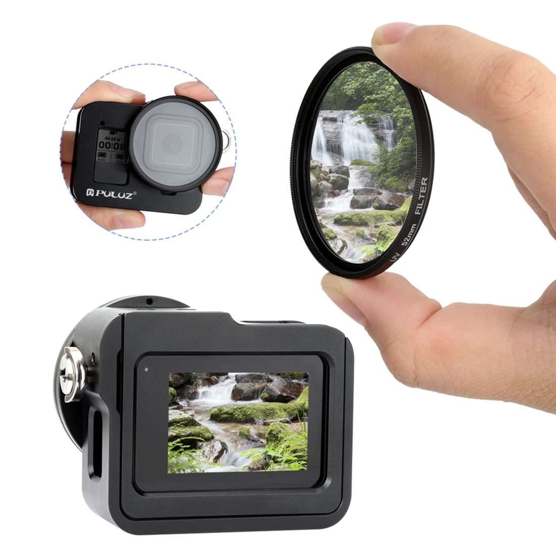 PULUZ Housing Shell CNC Aluminum Alloy Protective Cage with Insurance Frame & 52mm UV ... (Black)