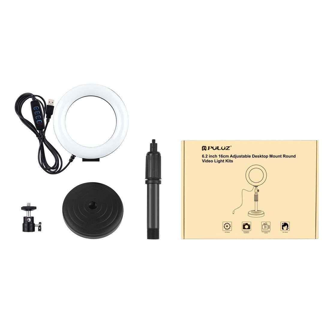 PULUZ Round Base Desktop Mount + 6.2 inch 3 Modes USB Dimmable LED Ring Vlogging Video Light, Adju