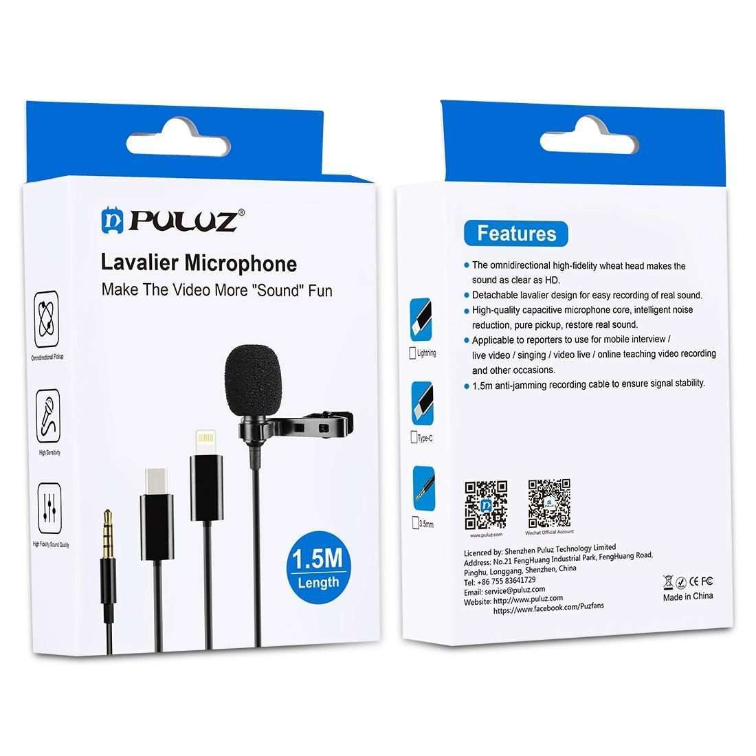 PULUZ 1.5m USB-C / Type-C Jack Lavalier Wired Condenser Recording Microphone