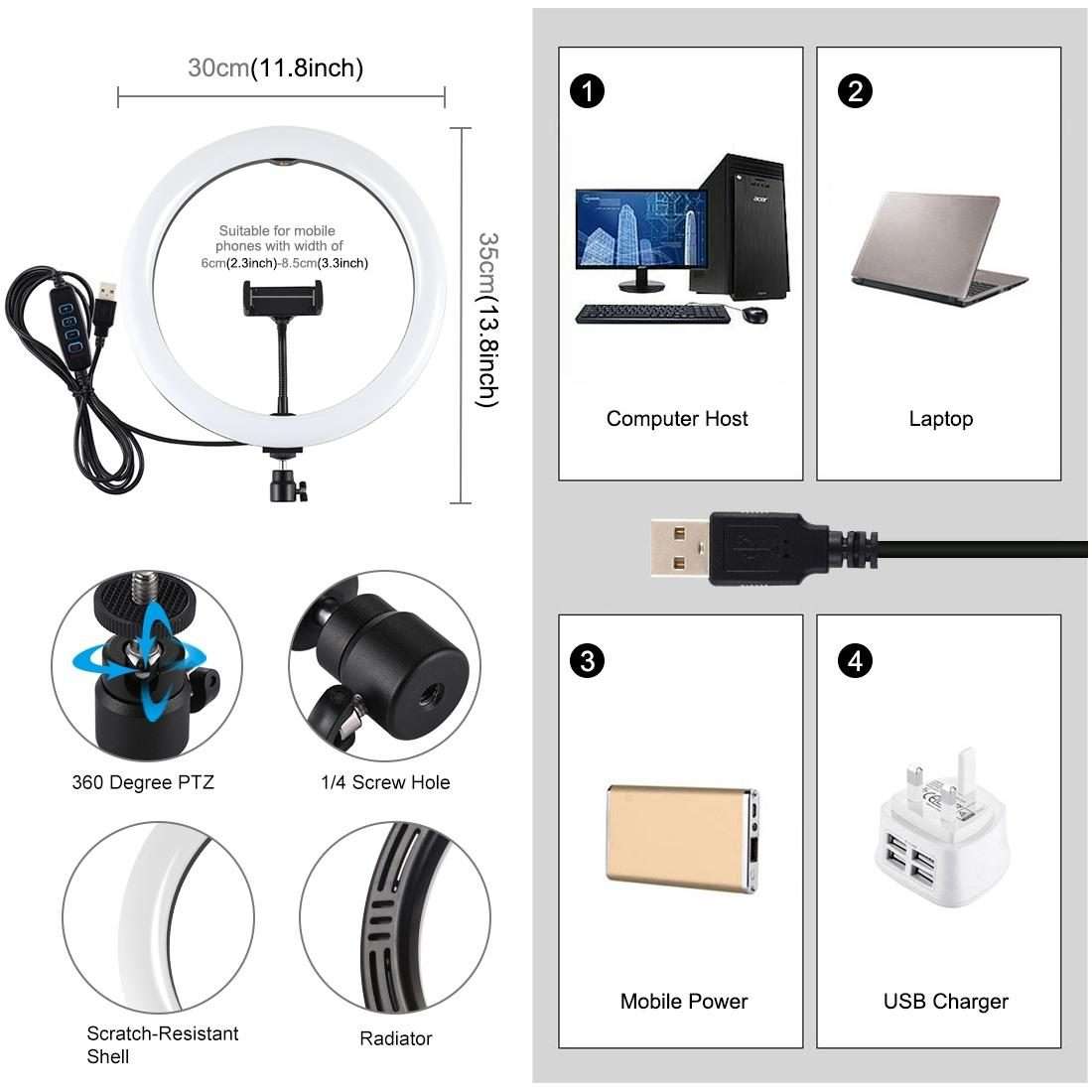 PULUZ 11.8 inch 30cm USB 3 Modes Dimmable Dual Color Temperature LED Curved Diffuse Li ... (Black)