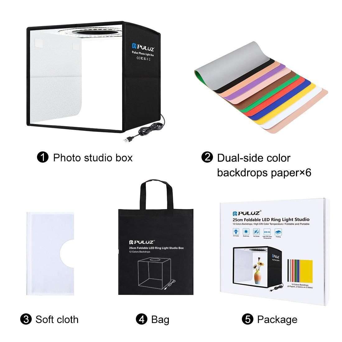 PULUZ 25cm Folding Portable Ring Light Photo Lighting Studio Shooting Tent Box with 12 ... (Black)