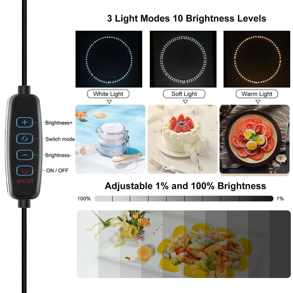 PULUZ 25cm Folding Portable 3 Modes Dual Color Temperature Ring Light Photo Lighting S ... (Black)