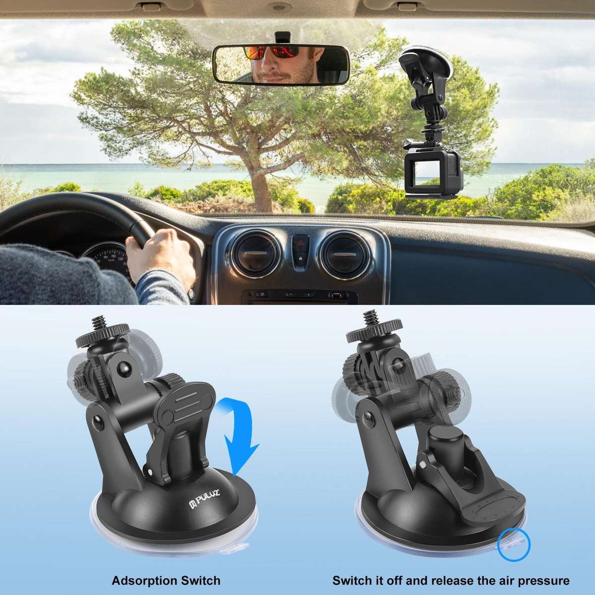 PULUZ Car Suction Cup Mount with Screw & Tripod Mount Adapter & Storage Bag for GoPro, Insta360, D