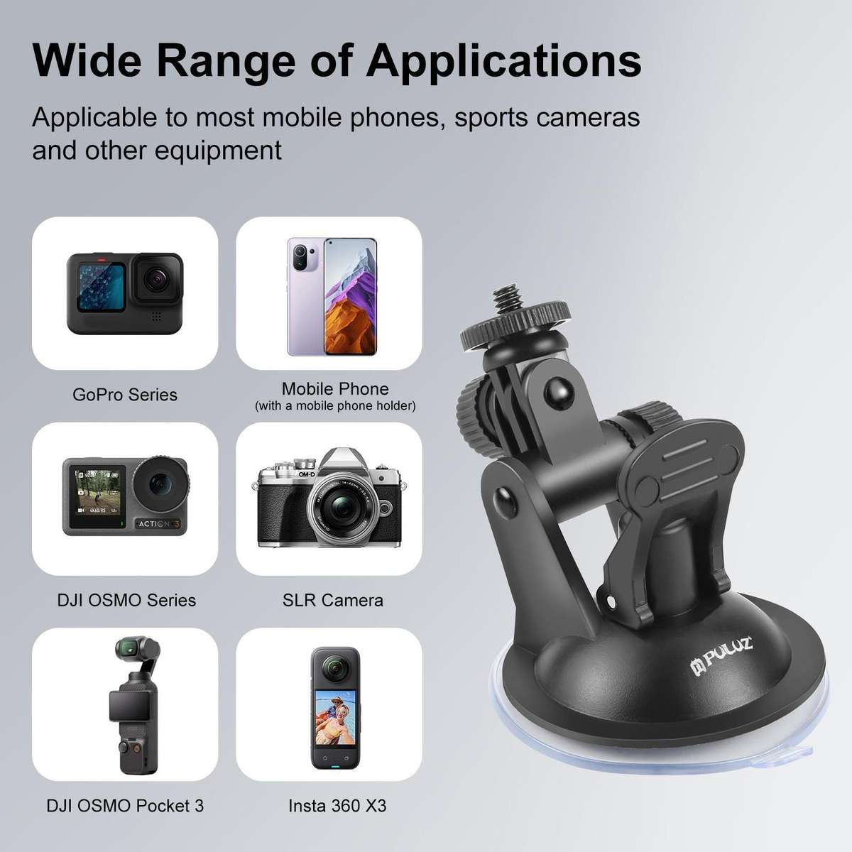 PULUZ Car Suction Cup Mount with Screw & Tripod Mount Adapter & Storage Bag for GoPro, Insta360, D