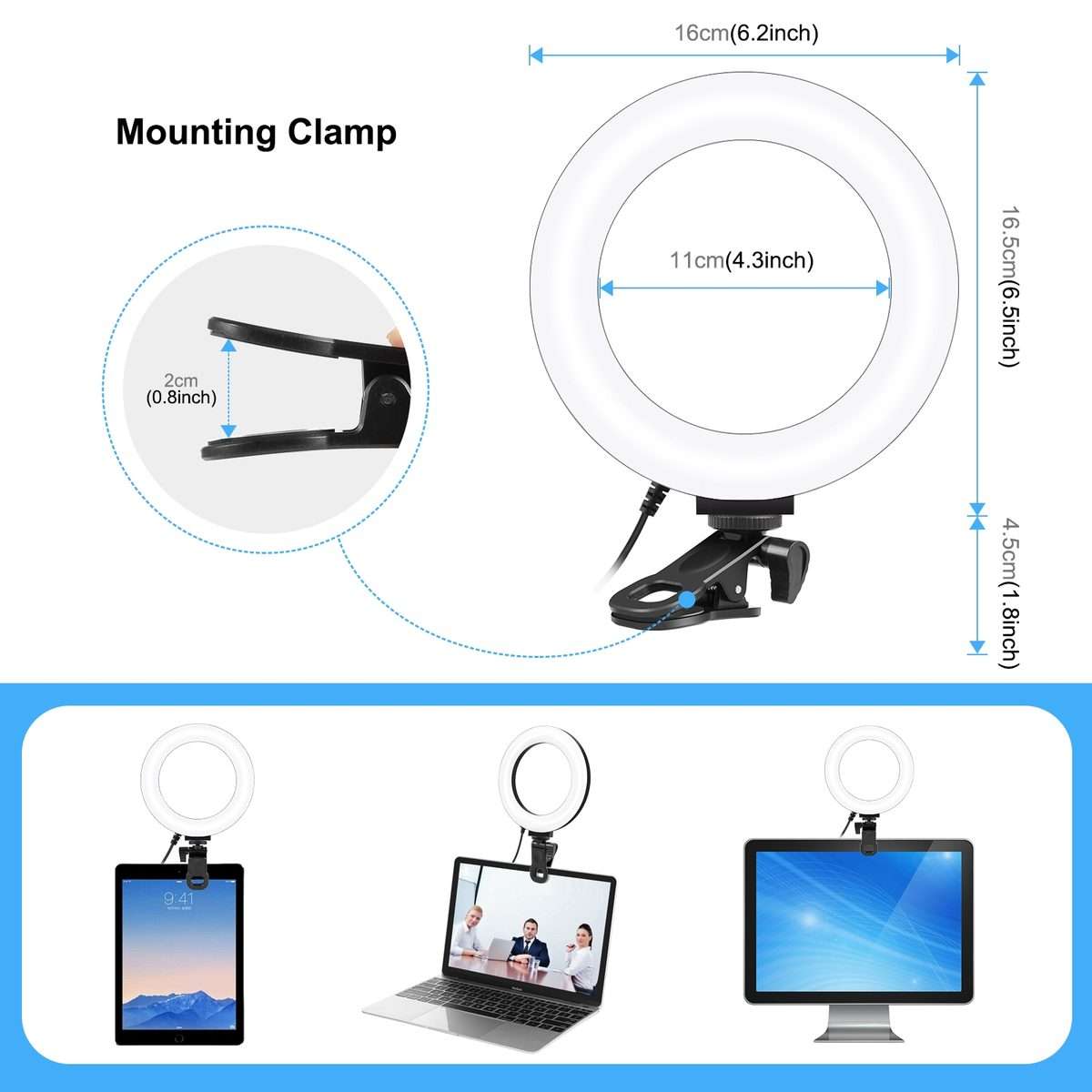PULUZ 6.2 inch 16cm Ring Selfie Light 3 Modes USB Dimmable Dual Color Temperature LED ... (Black)