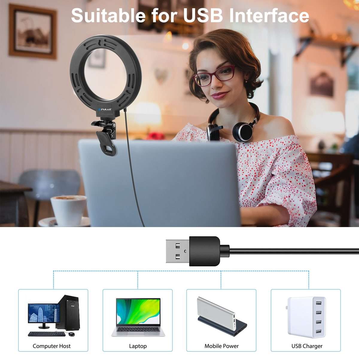 PULUZ 6.2 inch 16cm Ring Selfie Light 3 Modes USB Dimmable Dual Color Temperature LED ... (Black)