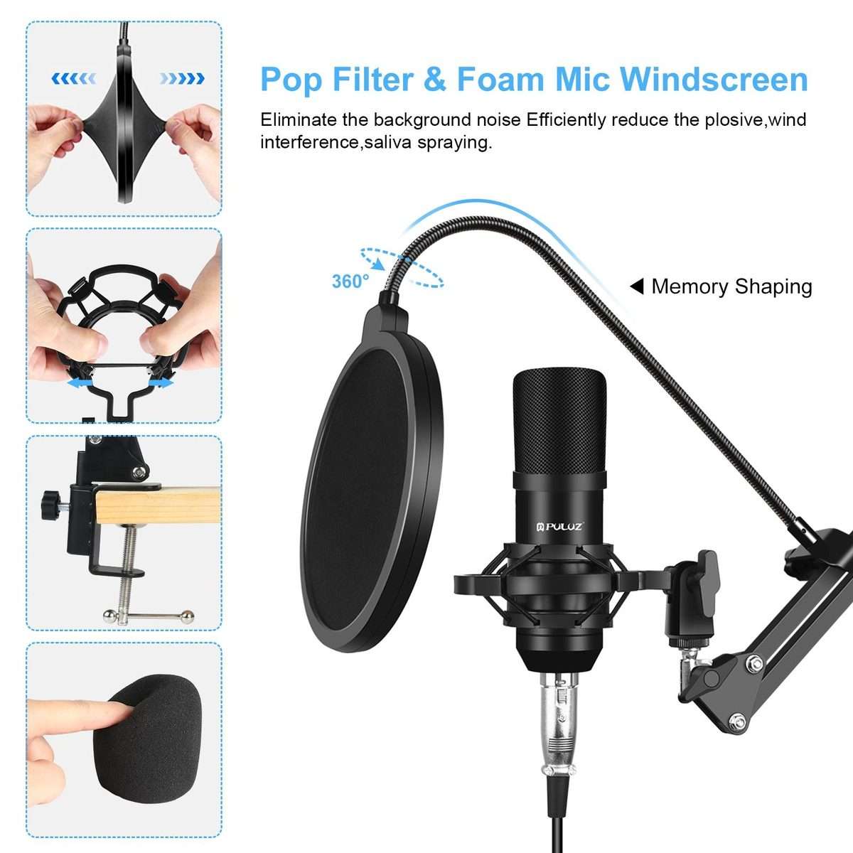 PULUZ Studio Broadcast Professional Singing Microphone Kits with Suspension Scissor Ar ... (Black)