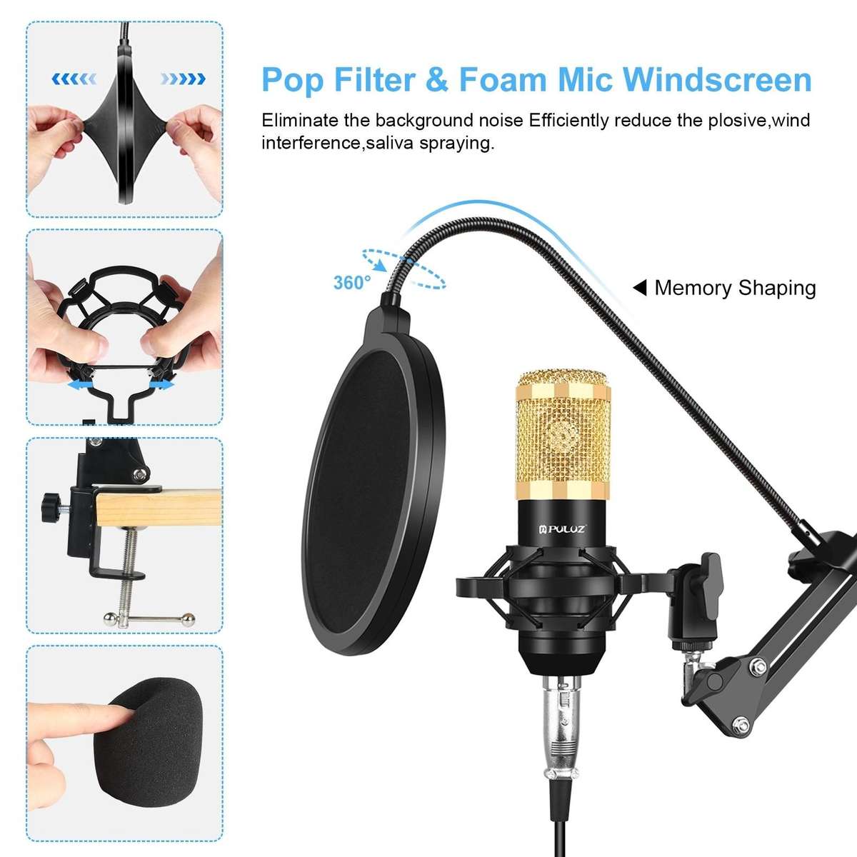 PULUZ Condenser Microphone Studio Broadcast Professional Singing Microphone Kits with S ... (Gold)