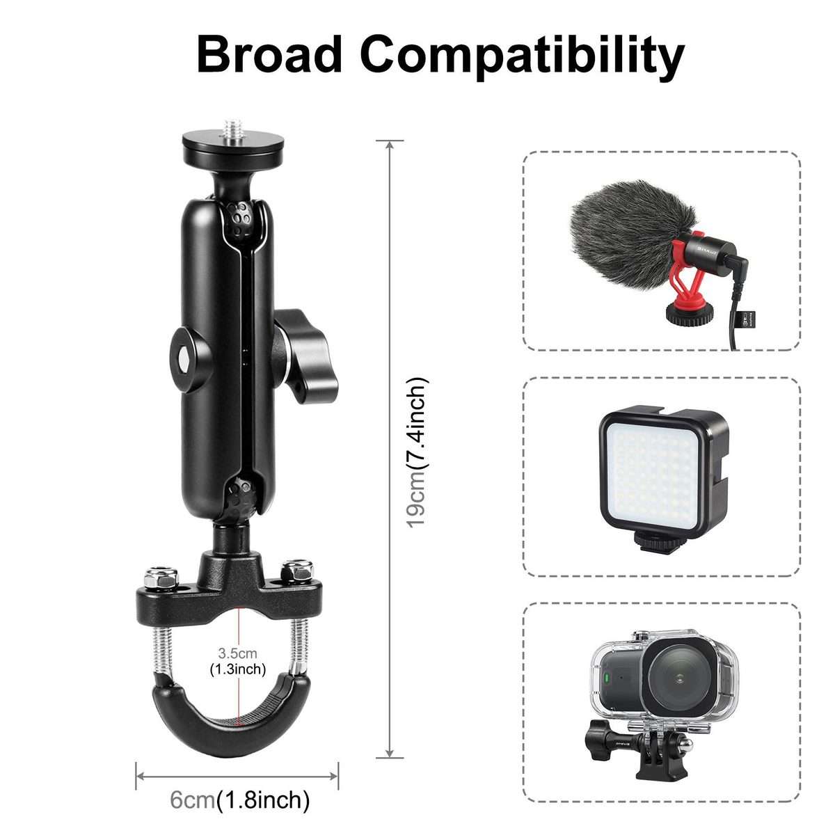 PULUZ Motorcycle Handlebar Fixed Mount U-Bolt Base Holder for GoPro and Other Action C ... (Black)