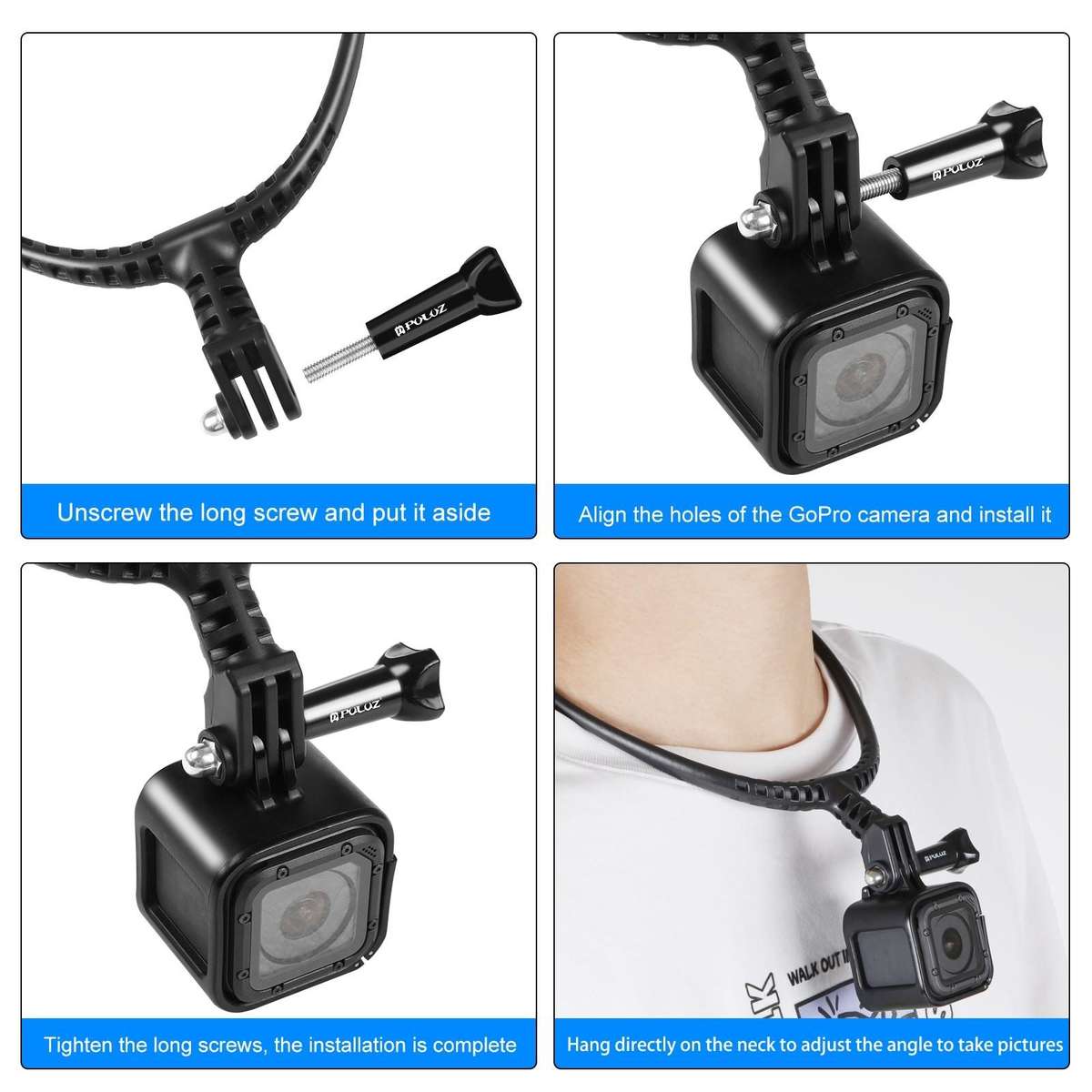 PULUZ Lazy Adjustable Neck Bracket for GoPro Action Cameras (Black)