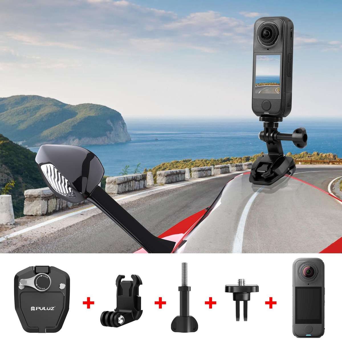 PULUZ Motorcycle Windshield Action Camera Mount Clip for GoPro Hero12 Black / DJI Osmo ... (Black)