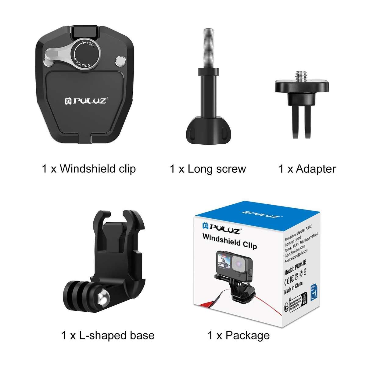 PULUZ Motorcycle Windshield Action Camera Mount Clip for GoPro Hero12 Black / DJI Osmo ... (Black)