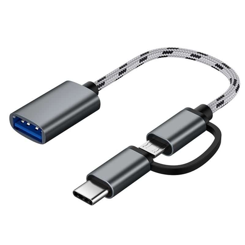 USB 3.0 Female to Micro USB + USB-C / Type-C Male Charging + Transmission OTG Nylon Bra ... (Grey)