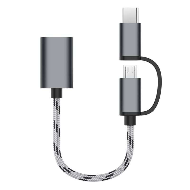 USB 3.0 Female to Micro USB + USB-C / Type-C Male Charging + Transmission OTG Nylon Bra ... (Grey)