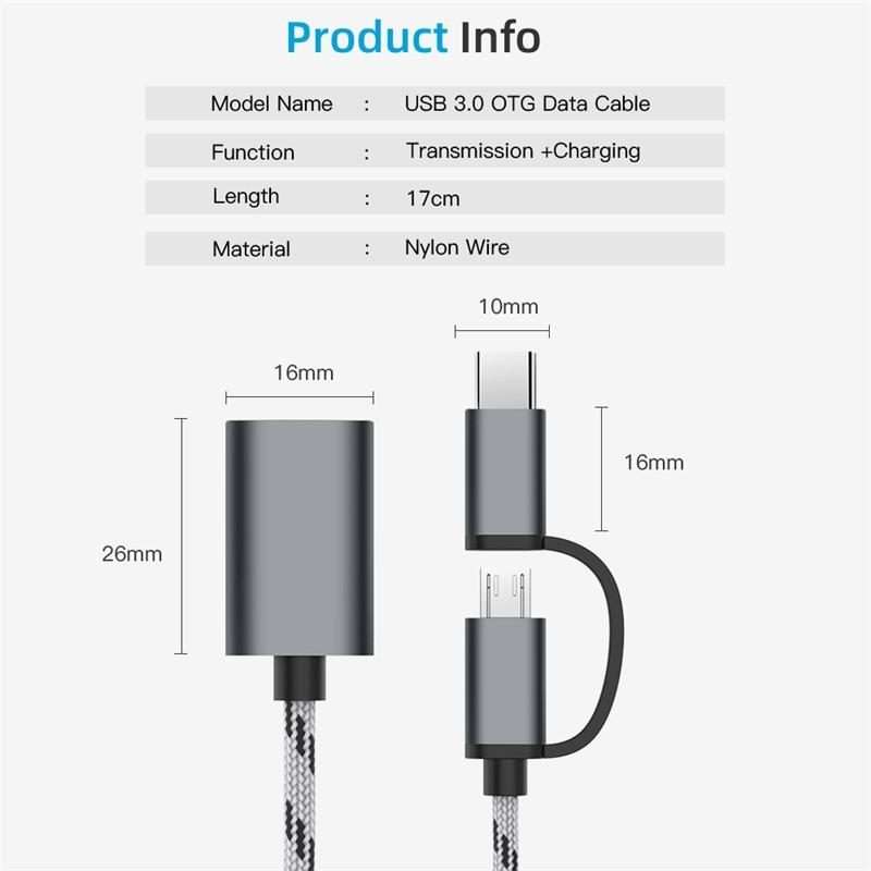 USB 3.0 Female to Micro USB + USB-C / Type-C Male Charging + Transmission OTG Nylon Bra ... (Grey)
