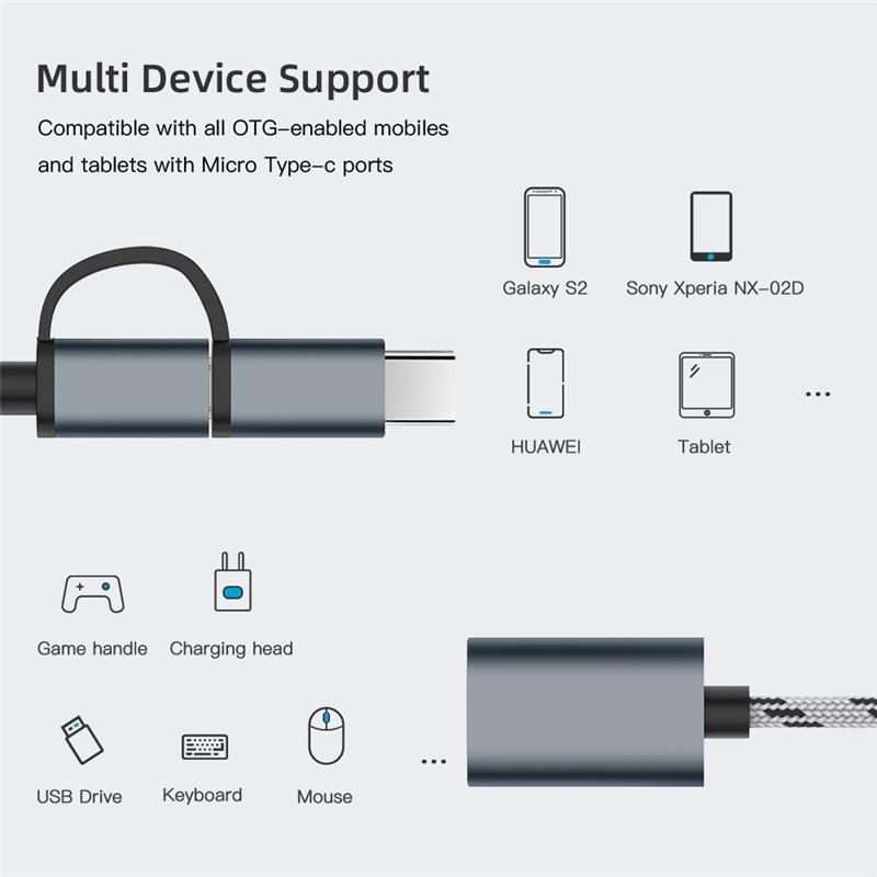 USB 3.0 Female to Micro USB + USB-C / Type-C Male Charging + Transmission OTG Nylon Bra ... (Grey)