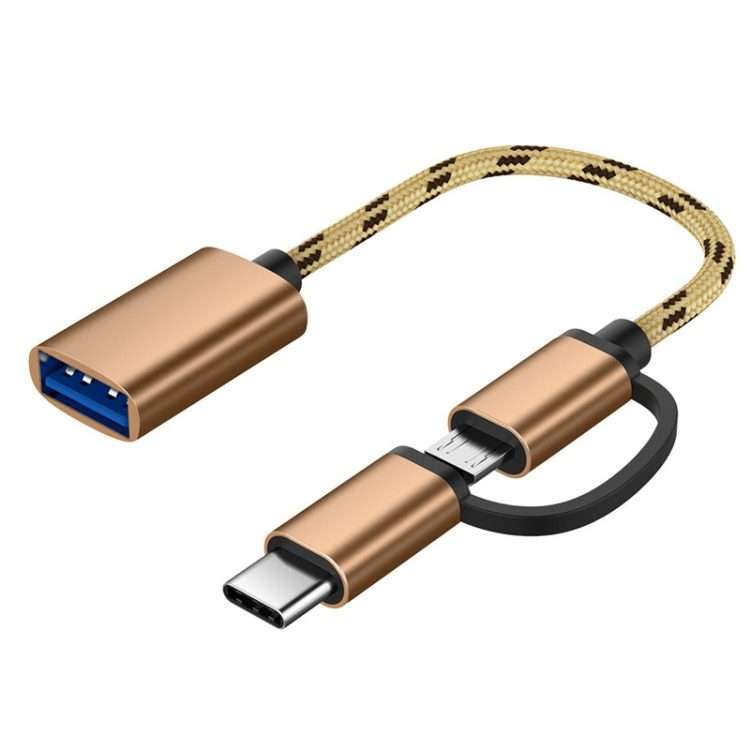 USB 3.0 Female to Micro USB + USB-C / Type-C Male Charging + Transmission OTG Nylon Bra ... (Gold)