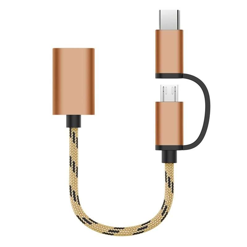 USB 3.0 Female to Micro USB + USB-C / Type-C Male Charging + Transmission OTG Nylon Bra ... (Gold)