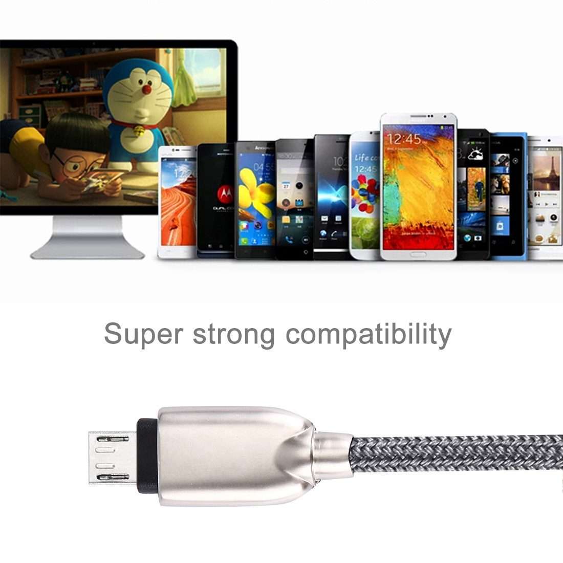 1M Woven Style Metal Head 108 Copper Cores Micro USB to USB Data Sync Charging Cable
