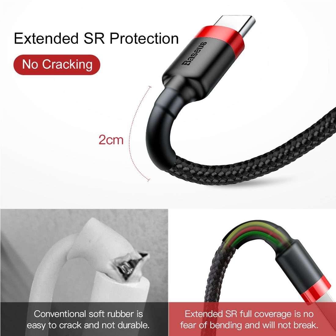 Baseus 2m 2A Max USB to USB-C / Type-C Data Sync Charge Cable(Red+Black)