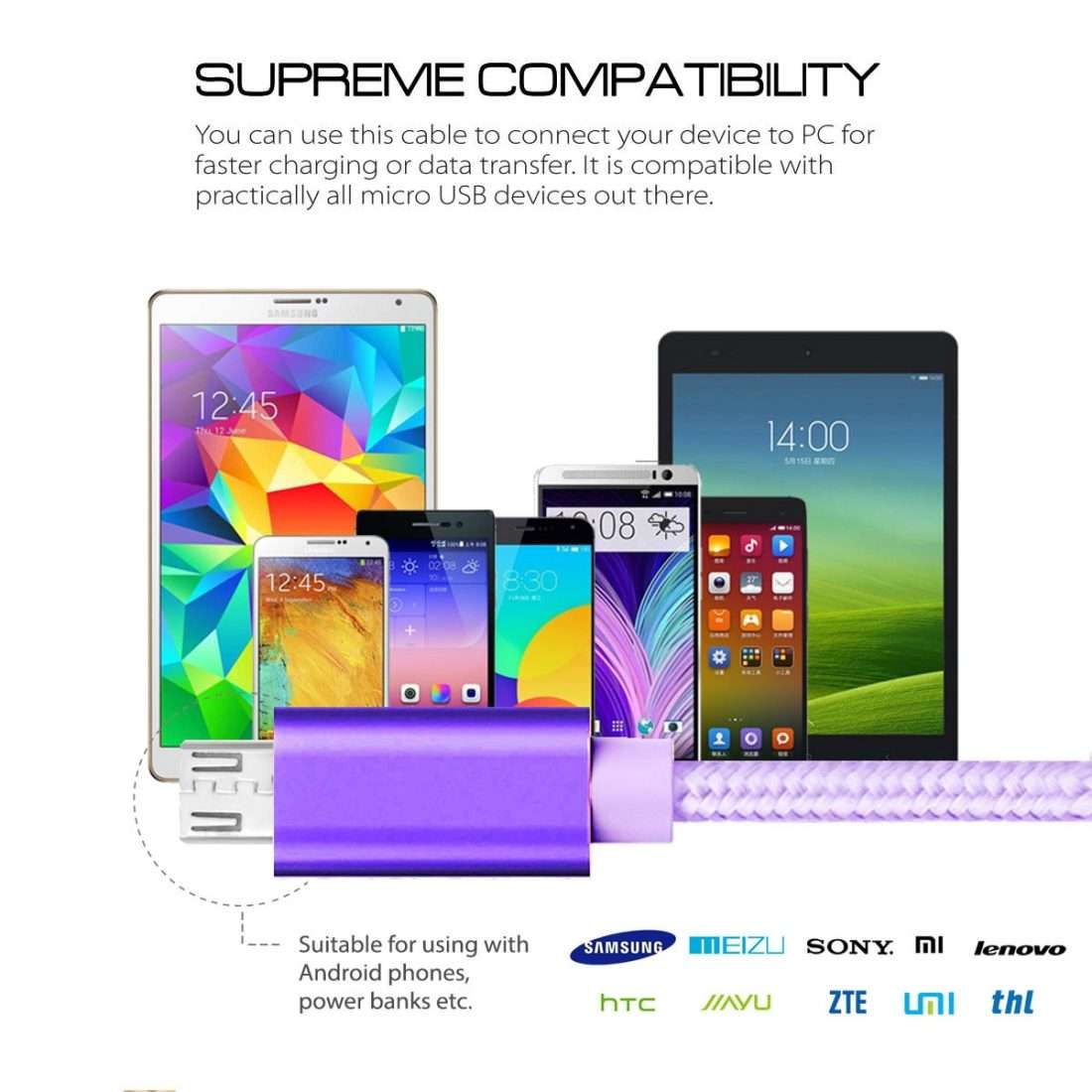 1m 3A Woven Style Metal Head Micro USB to USB Data / Charger Cable(Purple)