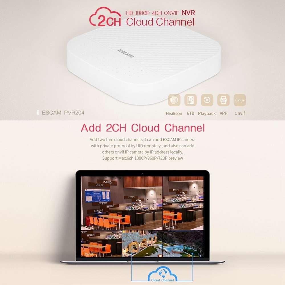 ESCAM PVR204 1080P 4CH+2CH ONVIF NVR Digital Video Recorder with 2CH Cloud Channel for ... (White)