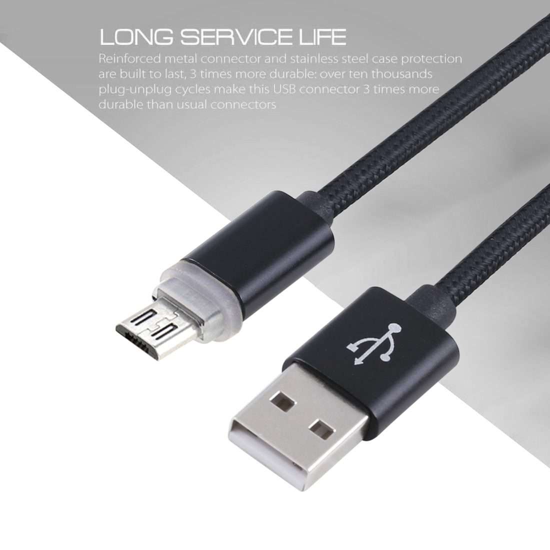 1m Woven Style Micro USB to USB 2.0 Data Sync Cable with LED Indicator Light(Black)