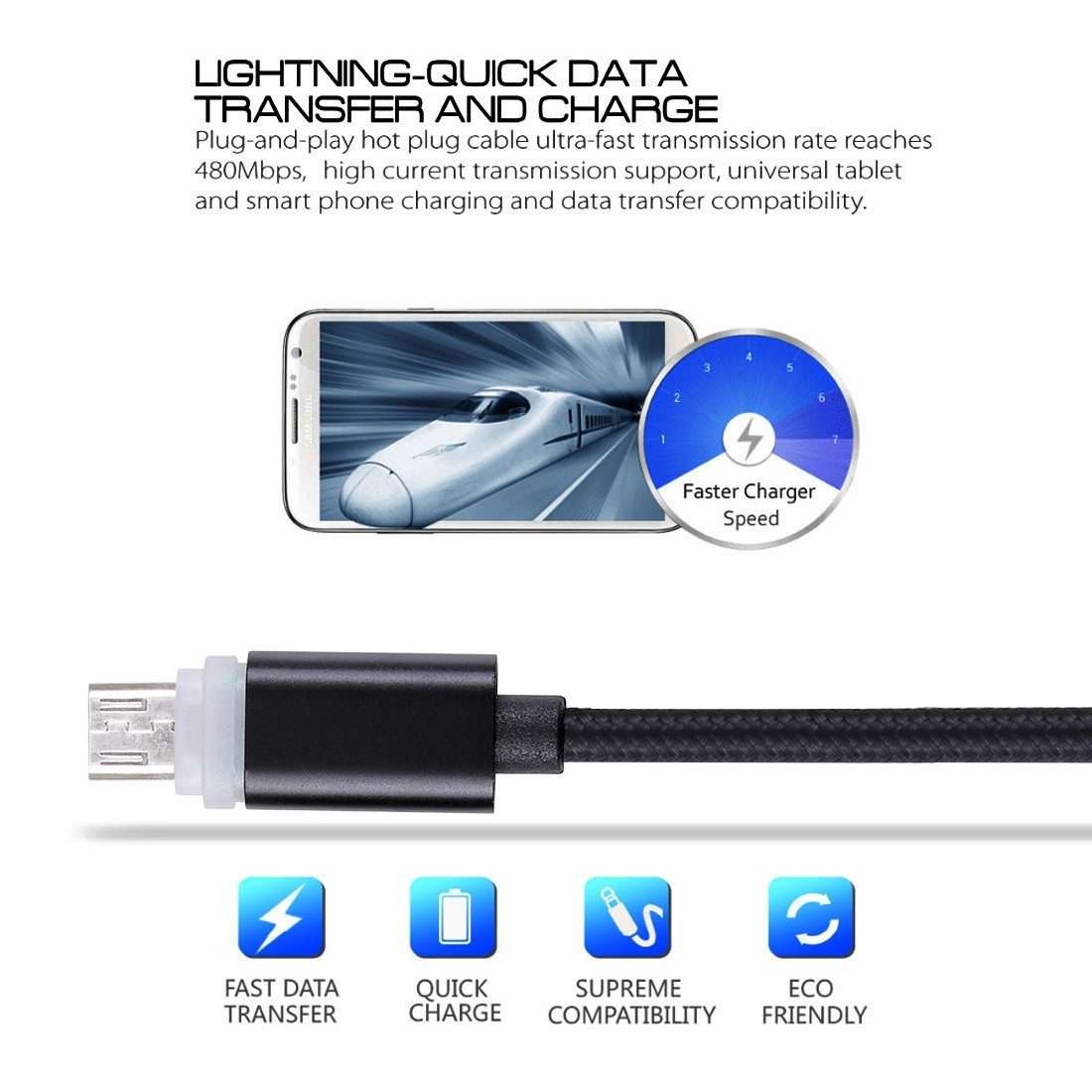 1m Woven Style Micro USB to USB 2.0 Data Sync Cable with LED Indicator Light(Black)