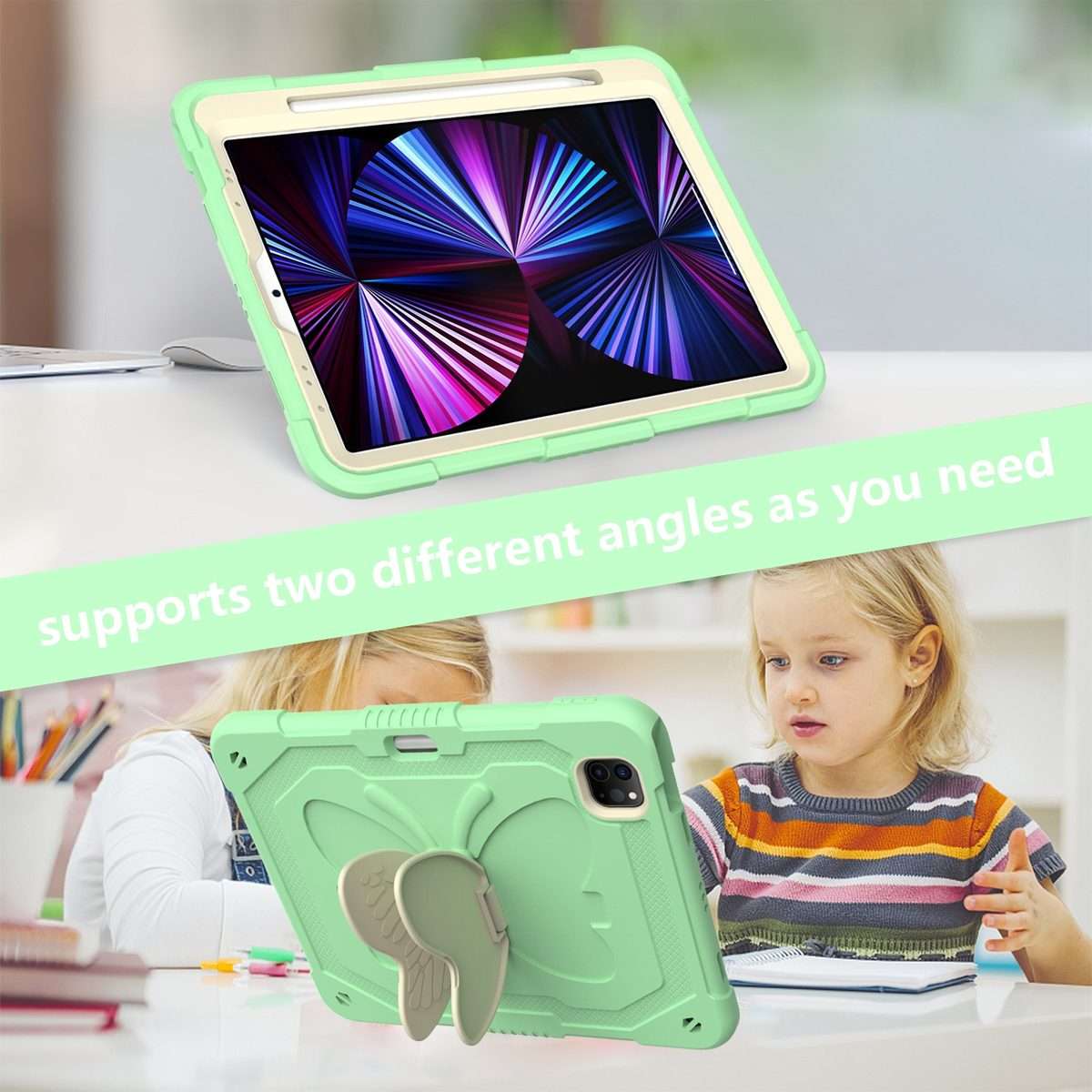 PC + Silicone Anti-drop Tablet Tablet Case with Butterfly Holder & Pen Slo ... (Gream+Fresh Green)