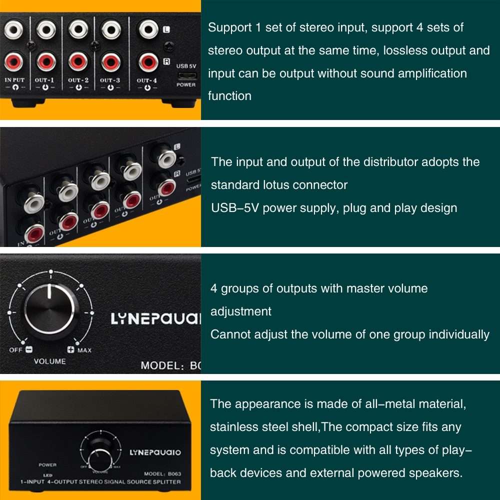 1 In 4 Out Audio Frequency Signal Distribute Device Non Consumption Output RCA Interface