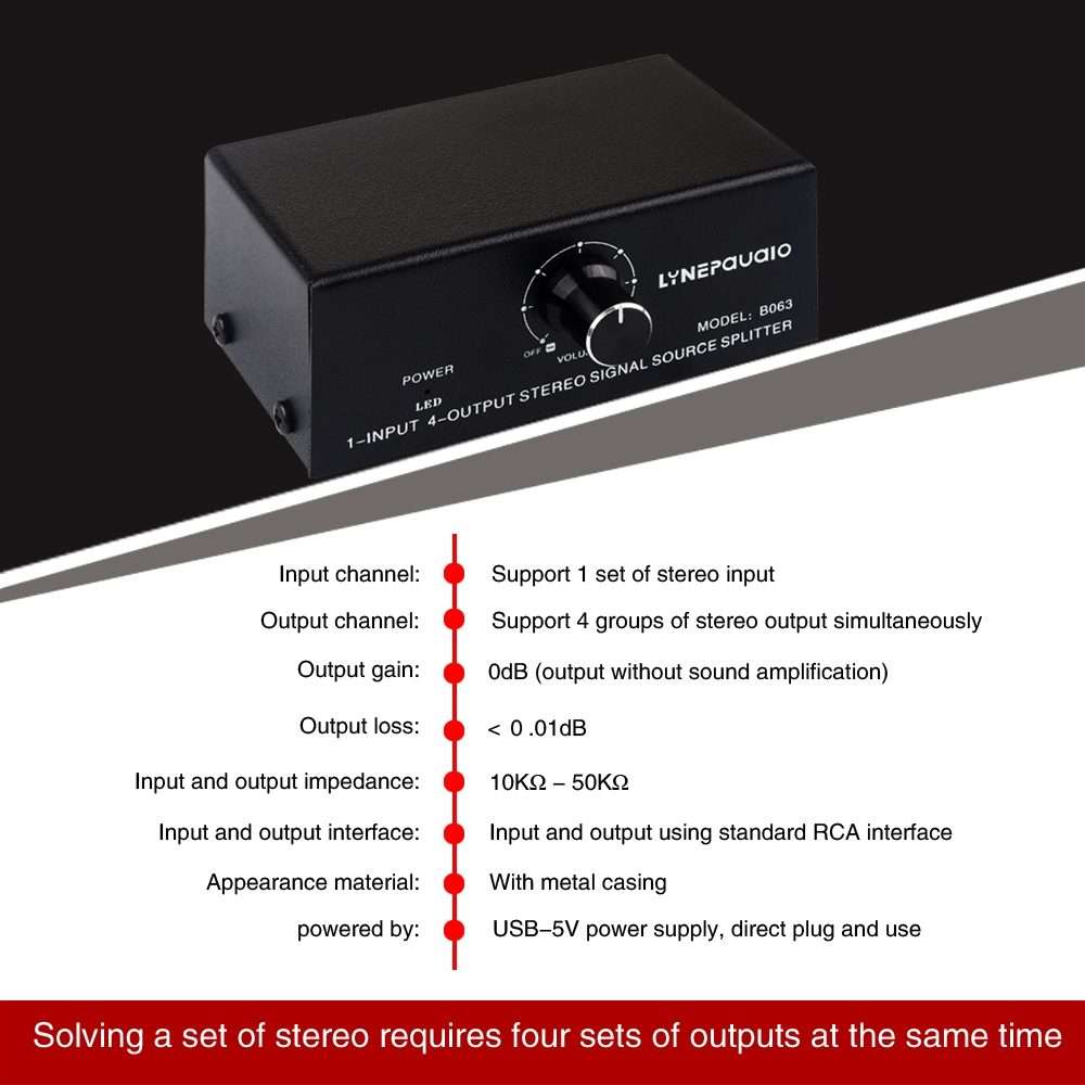 1 In 4 Out Audio Frequency Signal Distribute Device Non Consumption Output RCA Interface